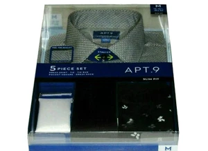 Dress Shirt Black Socks Tie Bar and Pocket Square NEW Mens Medium 34 35 Sleeves - Picture 1 of 12