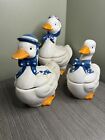 Adorable Trio Of Ceramic Duck Figurines In Blue And White