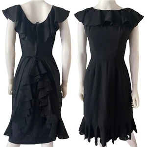 Vtg 1950s Little Black Mini Dress, Sz S/M Union Made Ruffled Neckline and Bustle - Picture 1 of 11