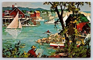 Pintura de postal de Sandy Bay Yacht Club, puerto, artista local Rockport, Maine - Imagen 1 de 2