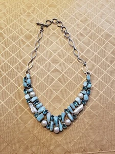 Handmade Larimar Blue Topaz Pearl 925 Sterling Silver Statement Necklace 17" - Picture 1 of 6