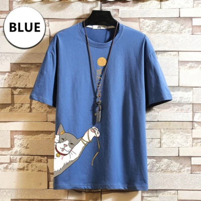 Men Japanese Cartoon T-shirt Cat Printed Loose Tee Breathable Plus Size Top - Image 1 of 4