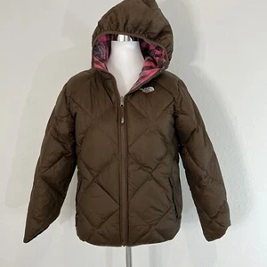 The North Face Girls Hooded Puffer Jacket Coat M Plaid Brown Pink Reversible - Picture 1 of 19
