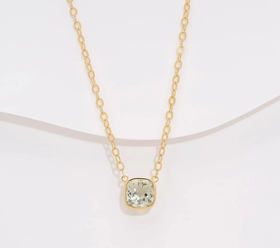 Colar com moldura corte almofada Affinity Gems folheado a 14K-Prasiolita-18" e 2" Ext. NOVO - Imagem 1 de 4