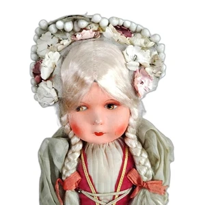 Muñeca étnica popular húngara vintage de 1930, cabeza de papel maché pintado, cuerpo de tela - Imagen 1 de 7