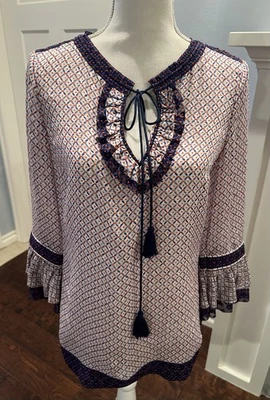TORY BURCH Silk Blend Embroidery Tie-neck Top-Colorful Contrast Blouse SZ XS - Image 1 of 4