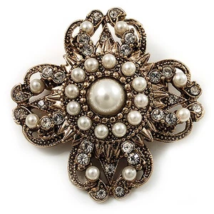 Vintage Filigree Simulated Pearl Cross Brooch (Antique Gold) - Picture 1 of 6