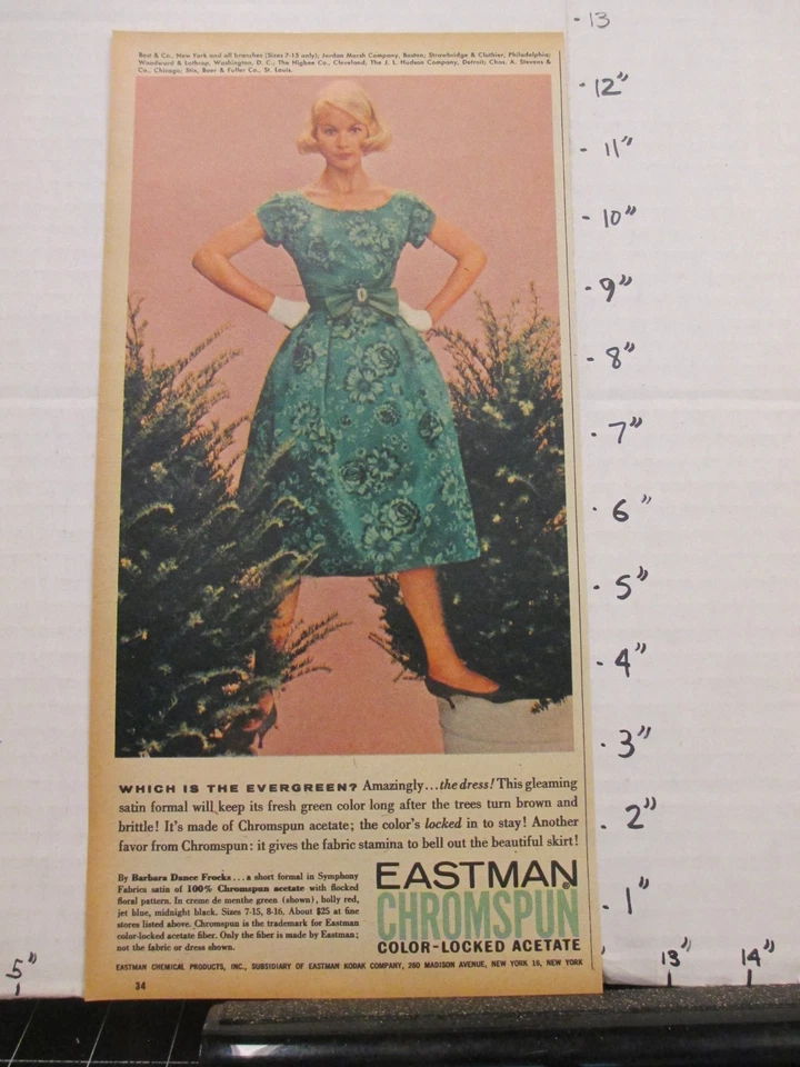 Anuncio de noticias 1959 EASTMAN Mujer Ropa Cromo Hilado Barbara Dance Frock Evergreen Foto 1 de 1