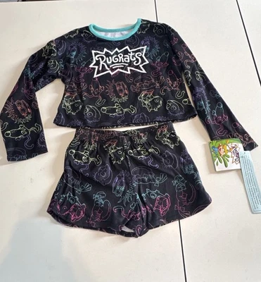 Nickelodeon Rugrats Pajama Set Girls Size 10 NWT Black Neon Print Long Sleeve - Image 1 of 4