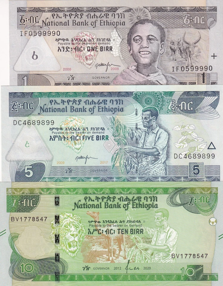 Ethiopia, 1-5-10 Birr, 2008/2020, UNC, p46;p47;p55, (Total 3 banknotes) , Serial - Image 1 of 2