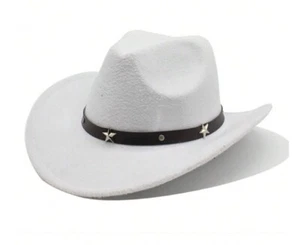 White Western Cowboy Cowgirl Hat Felt Wide Brim Star Band Unisex Rodeo - Picture 1 of 5