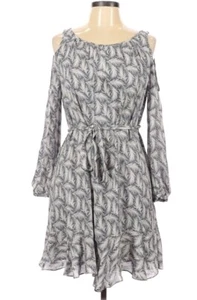 Vestido Joie 100 % Seda Pluma Estampado Gris Hombro Frío Talla Cinturón Grande - Imagen 1 de 2