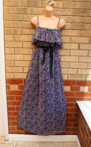 DEBENHAMS PURPLE GREEN FLORAL RUFFLE STRAPPY CASUAL LONG MAXI DRESS 14 L - Picture 1 of 10