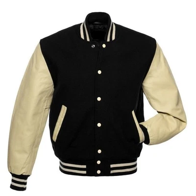 Men’s Black Wool Varsity Jacket Cream Leather Sleeves Baseball Bomber - Image 1 of 4