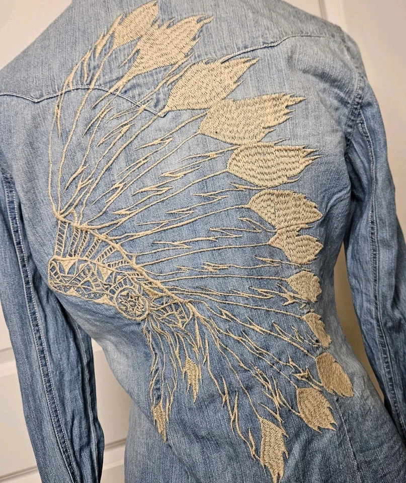 Rock & Roll Cowgirl Denim Snap Front Shirt Embroidered Headdress Back Size Small - Image 1 of 4