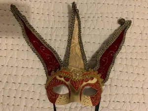 Vintage Elegant Red & Gold Masquerade Jester 6" Face Mask – Hand Painted w/Bells - Picture 1 of 4