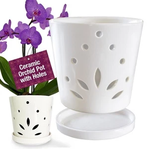 Ceramic Orchid Pots with Holes–5.25in Modern Porcelain Indoor Orchid Planter–... - Picture 1 of 7