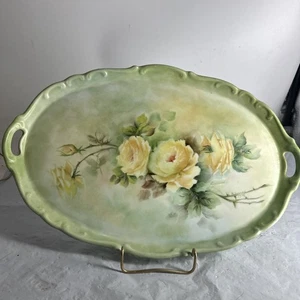 Schumann Arzberg Serving Plate 16 1/2” Long 11” Tall Green W/Yellow Roses - Picture 1 of 11