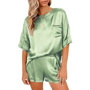 ⭐⭐Women Satin Silk Fashion Pajamas Blouse Short Sleeve Top Shorts Sleepwear Set - Picture 1 of 2