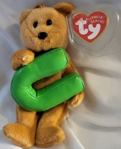 Alphabet Mützen Bär hält einen grünen Buchstaben U ty 2005 Etikett in Kunststoffhalter - Bild 1 von 8