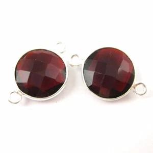 Bezel Gem Links - Sterling Silver -Faceted Coin Shape - Garnet Quartz(2 Pcs) - Picture 1 of 2