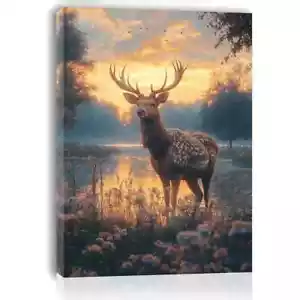 Painting Of A Stag By The Rising Sun Wall Art Canvas Unframed/Framed - Picture 1 of 7