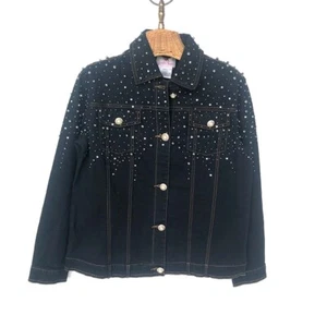 Woman's Size Small Faux Pearls & Rhinestone Studded Denim Jacket Quacker Factory - Picture 1 of 6