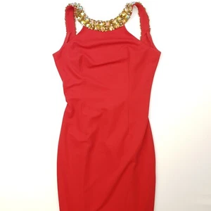 Pia Michi Bodycon Dress Knee Length Size 8 Red Polyester Designer Lined - Picture 1 of 13