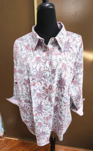Chad 100% Cotton No Iron Pink/Blue Flowered Button Up Blouse Women's - Picture 1 of 12