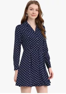 Allegra K Size XL Navy Blue Polka Dot Shirt Dress V Neck Pleats Button Up Mini - Picture 1 of 15