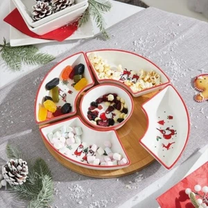Servizio Piatto Dip Set Snack Vassoio Ciotola Tavola 5 Piatti Ceramica Natale - Foto 1 di 2