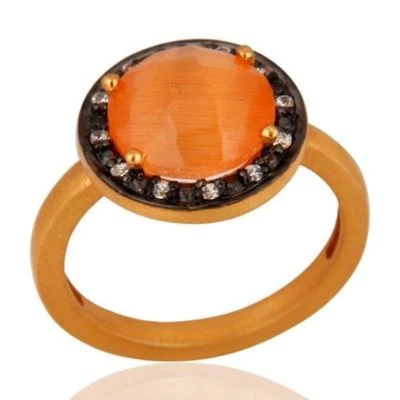 Joia de noivado folheada a ouro amarelo 925 prata pêssego pedra da lua CZ - Imagem 1 de 3