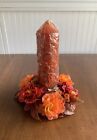 Vintage 70's Orange Carved Pillar Candle and Flower Power Plastic Candle Ring