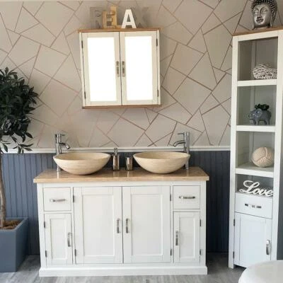 White Bathroom Vanity Cabinet Double 123cm wide with Travertine Top & Basin Set - Image 1 of 4