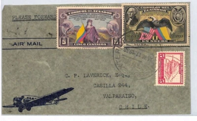 ECUADOR Air Mail Cover CHILE Valparaiso 1938{samwells-covers}YV89 - Image 1 of 4