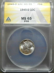 1945 D Mercury Dime 10c ANACS MS65 F.S.B. - Picture 1 of 6