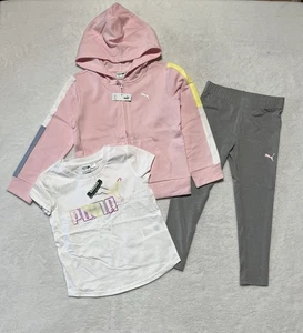 Puma 3 Piece Set Girls 5 Pink Hoodie Shirt Leggings Athletic Outfit New - Picture 1 of 15
