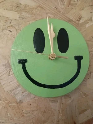 Smiley Clock/ Light Green Smiley Face Clock 14cm Unique Wooden Hand Painted - Image 1 of 4