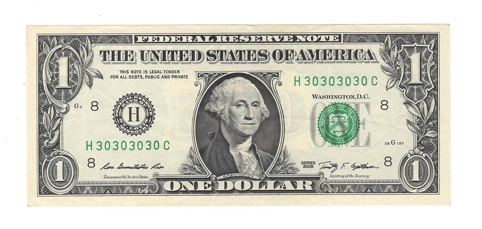 2009 $1 FRN Super Repeater SN 30303030 VF/XF - Image 1 of 2