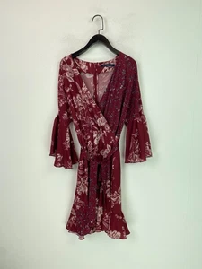 French Connection Burgundy Floral Wrap Dress Ruffle Hem Flare Sleeve UK 14 - Picture 1 of 12