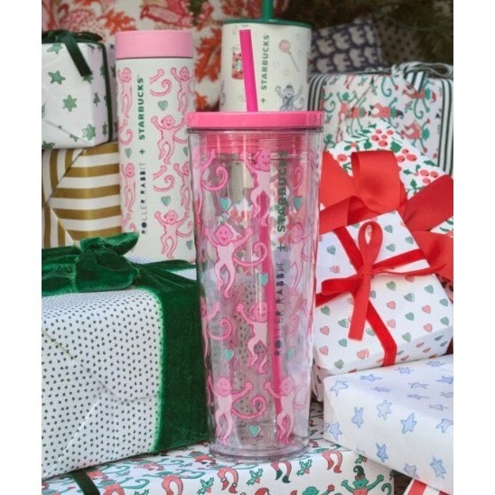 Starbucks Roller Rabbit Lovely Monkey Tumbler Pink Monkey Hearts Straw 24oz