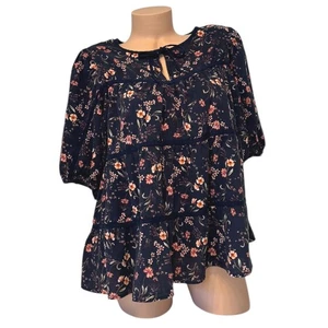 Camicetta a strati blu navy XL floreale Old Navy collo cravatta manica corta - Foto 1 di 10