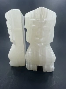 Vintage 1960 Bookends Hand Carved White Marble Tiki Stone Bookends MCM - Picture 1 of 9