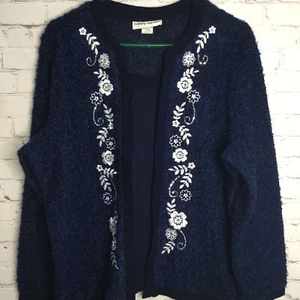 Vintage Cathy Daniels Open Front Cardigan Women Size XL Blue Embroidery Knit  - Picture 1 of 13