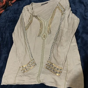 Antik Batik Top cotton embroidered sequined boho peasant long sleeve Size L 42 - Picture 1 of 9