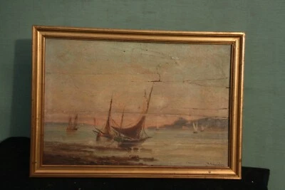 tableau peinture H/panneau bateaux de pêche voiliers Penmarch Bretagne signé. - Photo 1/4