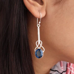 London Blue Topaz Gemstone 925 Sterling Silver Jewelry Handmade Earrings 1.76" - Picture 1 of 6