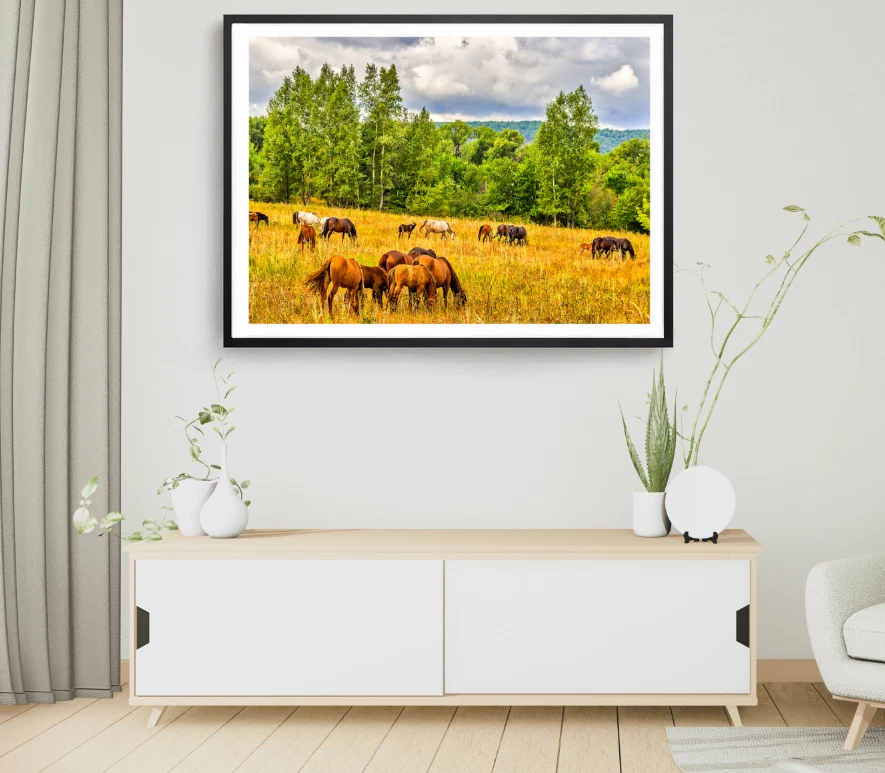Horse Herd Print, Forest Wall Art, Cloudy Sky Framed Nature Wall Art,Natural - Image 1 of 1