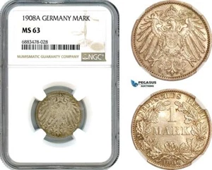 AJ593, Germany, Wilhelm II, 1 Mark 1908 A, Berlin Mint, SIlver, NGC MS63 - Picture 1 of 1