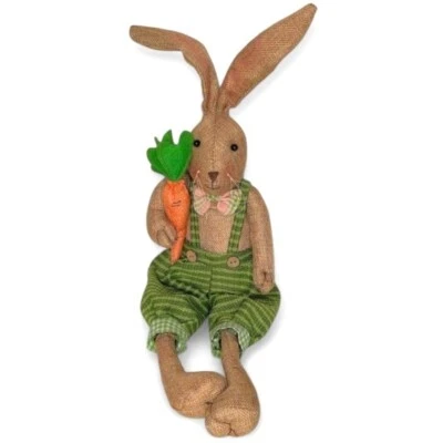 Begonia Market Burlap Fabric Easter Bunny in Green Overalls Holding Carrot - Image 1 of 4